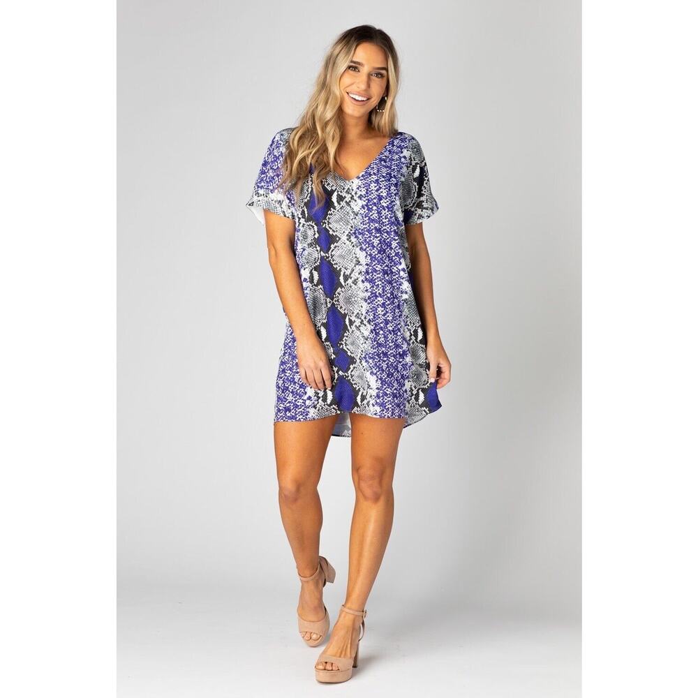 Buddy Love Dress Women Size S Purple Black Boa Snakeskin Baker V-Neck Shift Mini
